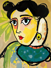 Abstract portrait of an unknown girl. The painting is done in oil on canvas. The coating has age-related cracks.