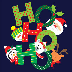 Christmas card design with santa, polar bear, penguin, reindeer, snowman and ho ho ho text
