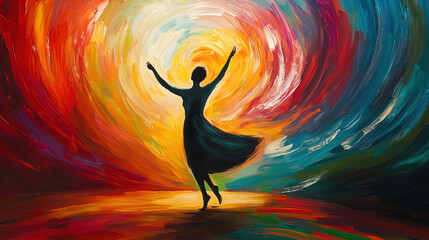 Obraz premium The image depicts a vibrant abstract painting featuring a silhouette of a woman dancing joyfully with her arms raised. The background swirls with bold colors, creating a whirlwind effect that blends r