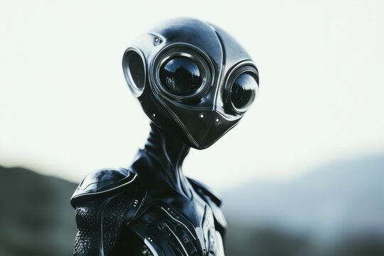 Dark humanoid figure, large eyes, futuristic suit.