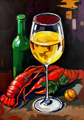 A glass of white wine and a red crayfish. Still-life. The painting is done in oil on canvas. Age-related cracks are visible on the coating.
