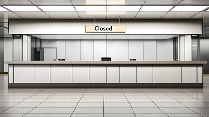 Closed airport counter with empty chairs and a sign indicating no flights available. A symbol of travel disruption and unexpected changes in plans.