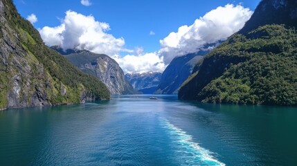 Fototapeta premium Captivating views of dramatic clouds over turquoise waters in new zealand fjords