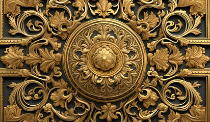 Ornate Gold Motif Luxurious golden baroque-style ornamentation with intricate floral elements and swirling details on a deep black canvas. Ideal for royal themes, vintage inspired branding,art-focused