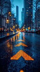 A rainy urban street scene at night, featuring illuminated orange arrows reflecting on wet pavement amidst city buildings.