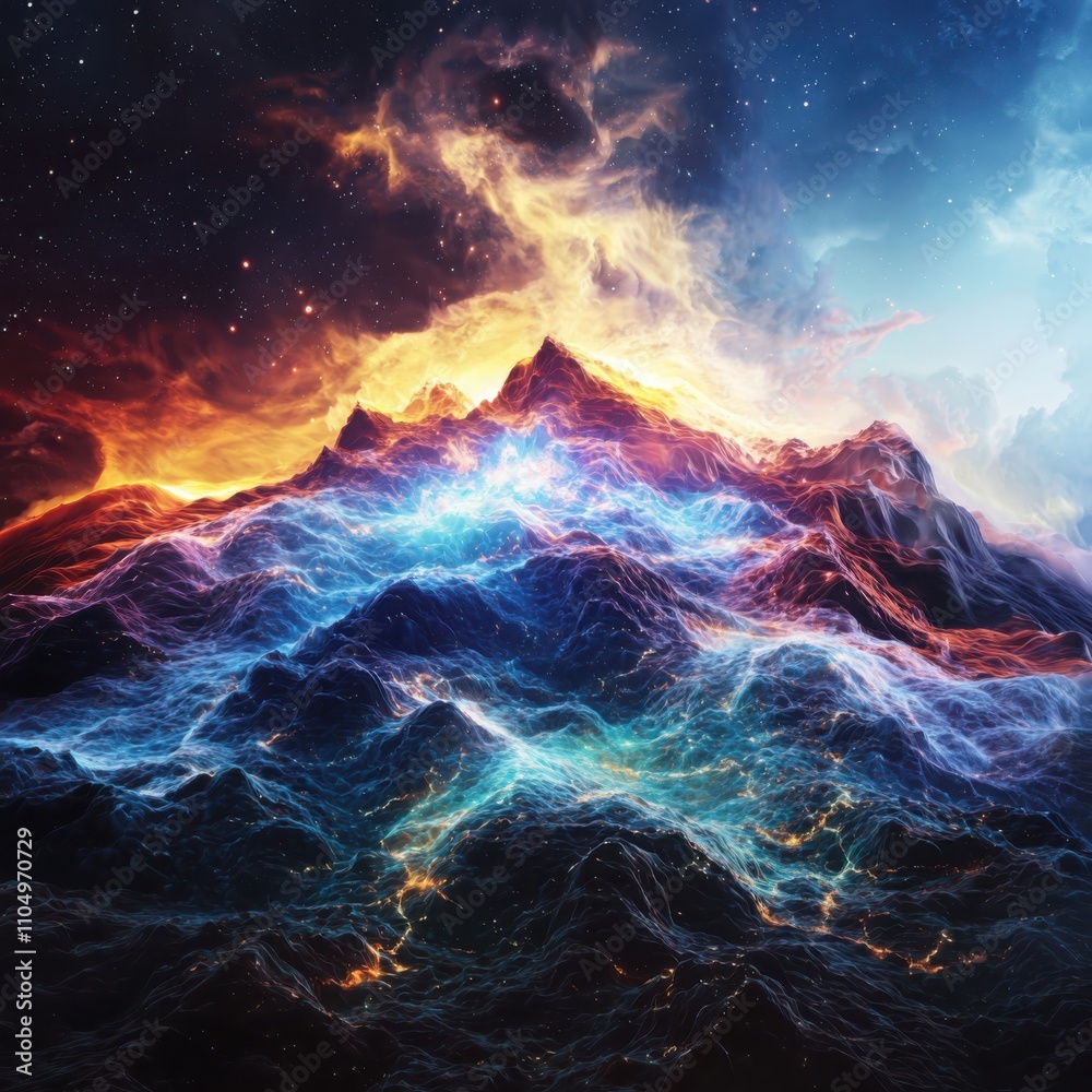 Poster exploring particle physics subatomic interactions complex terrain creation energy layers vibrant col