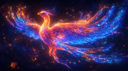Side view of a phoenix, dissolving into shimmering mercury, reforming into vibrant holographic hues, symbolizing rebirth, rich neon glow, digital painting with intricate detail