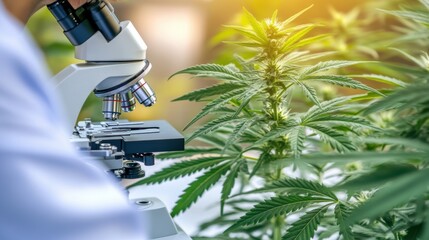 Researcher Examining Cannabis Leaves Under Microscope