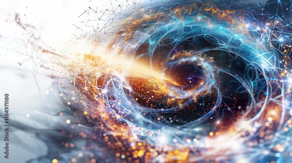 Poster transforming quantum computing visualization with abstract geometric shapes in a holographic digital