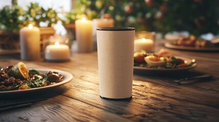 Elegant Vintage Tumbler Mockup on Wooden Table with Gourmet Meal and Candlelight Atmosphere