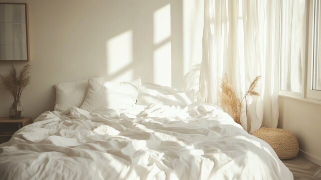 A cozy bedroom with a bed with white linens and houseplants in front of a window.