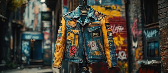 Obraz premium A colorful, patched denim jacket hanging in an urban alley with graffiti.
