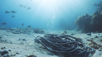 Fototapeta premium Underwater damaged cables on seabed reveal the fragility of global communication networks, emphasizing the need for resilience and maintenance in modern connectivity infrastructure.