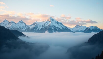 Obraz premium Majestic snow-capped mountains rise against the cloudy sky at sunrise or sunset