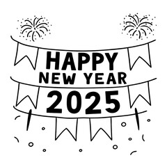 Happy New Year 2025 Black and White Illustration with Fireworks and Banners Stock Photo