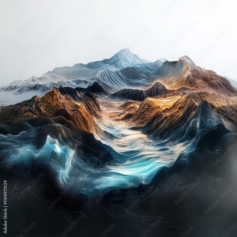 Poster visualizing tectonic plate movements as digital wave patterns in geological data rendering with eart