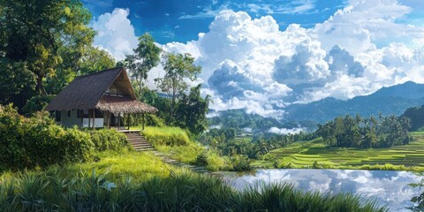 Experiencing the monsoon a modern thatch hut amidst rice terraces in a lush landscape