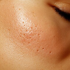 Fototapeta premium Close-up of skin showing pores and blemishes on the cheek, highlighting texture and imperfections.
