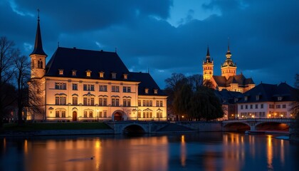 Obraz premium Candlelight flickering in ornate windows of castle-like building