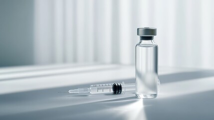 Clear Liquid Vial and Syringe on Clinical Table