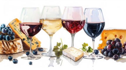 Gourmet cheese and wine pairing illustration elegant setting watercolor artwork soft muted tones gentle texture culinary concept