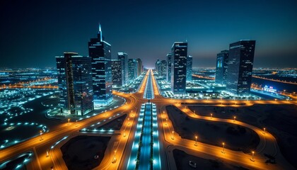 Obraz premium Bright cityscape at night with illuminated skyscrapers and highways