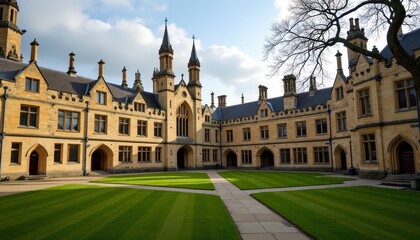 Fototapeta premium Stone castle courtyard with striped lawn