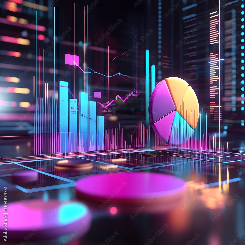Poster abstract digital data visualization featuring vibrant graphs and charts. ideal for illustrating conc