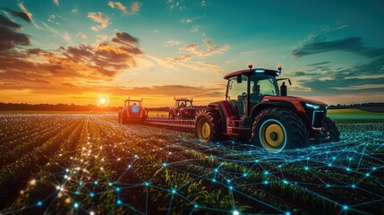 A vibrant sunset over a farm field, featuring modern tractors working on crops amidst a network of digital connections.