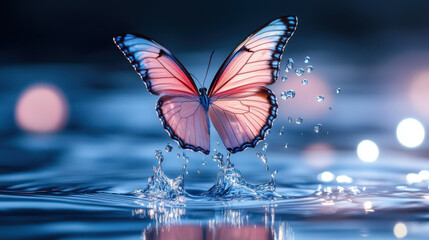  moment a minimalist butterfly created from clear water, skimmed over the water