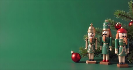 A wooden nutcracker soldier figure with a green uniform and hat, standing next to red Christmas ornaments on a green background