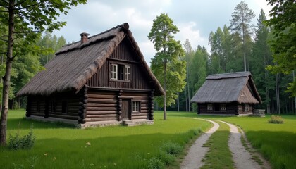 Obraz premium Old-world charm cabin in a serene forest setting Peaceful log cabin nestled among tow