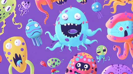 A playful, colorful illustration of many different cartoon monsters on a purple background.