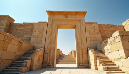 Ancient ruins with stone stairs leading to a central archway