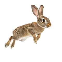Obraz premium A brown rabbit leaps gracefully midair against a clean transparent background, showcasing its agility and energy, A brown rabbit mid-air jump, transparent background.