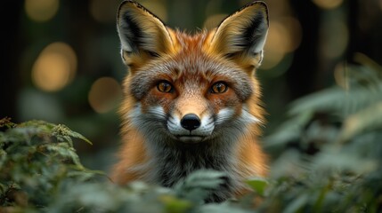 Obraz premium A red fox with piercing amber eyes stares directly at the camera through a thicket of green ferns.