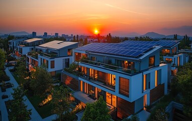 Obraz premium Modern residential area with solar panels on the rooftops, against the backdrop of a stunning sunset over the city