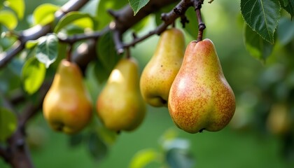 Plump pears hang from a tree branch