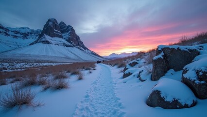 A serene snowy pathway winds through a mountainous region as dusk approaches. The sky is painted with vibrant hues, creating a stunning contrast against the white landscape