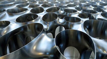 Abstract metallic design with interconnected, sculpted, circular shapes.