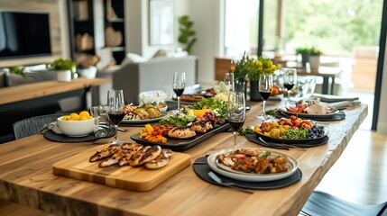 A family-style dining table in a kitchen, featuring platters of food like grilled chicken and fresh fruit, with a functional desk space for meal planning on the side 