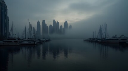 Naklejka premium Foggy Cityscape Marina Morning Skyscrapers And Yachts