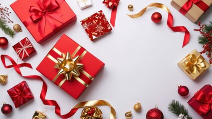 Festive Christmas Gift Boxes with Red and Gold Decorations