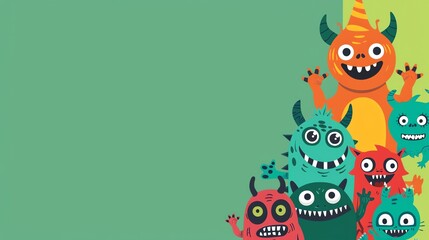 Fototapeta premium A group of colorful cartoon monsters on a green and yellow background.