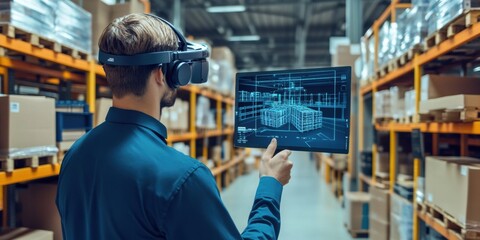 Streamlined warehouse with a logistics manager utilizing digital tools to ensure productivity and efficient inventory tracking