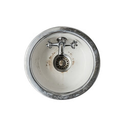 Obraz premium Aerial view of a metal bathroom sink faucet with stains and buildup in a simple restroom setting, A view from above a metal bathroom sink faucet, transparent background.