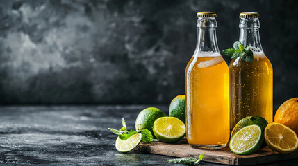 Two bottles of kombucha with fresh lime and mint on wooden board, set against dark textured background, creating refreshing and healthy lifestyle concept