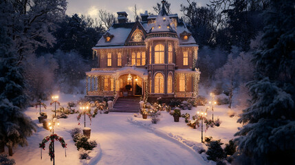 Victorian house adorned with Christmas lights and snow at dusk