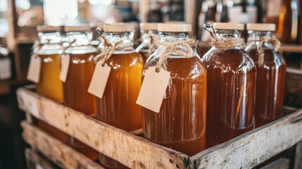 Rustic wooden crate filled with glass bottles of kombucha, each with blank tag, creating warm and inviting atmosphere