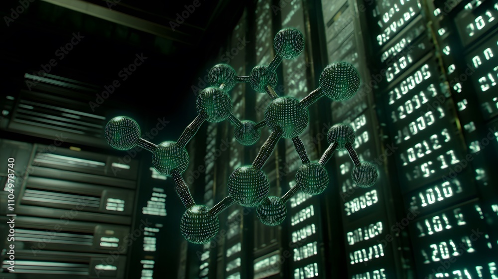 Poster 3d rendering of a molecule model in a server room.